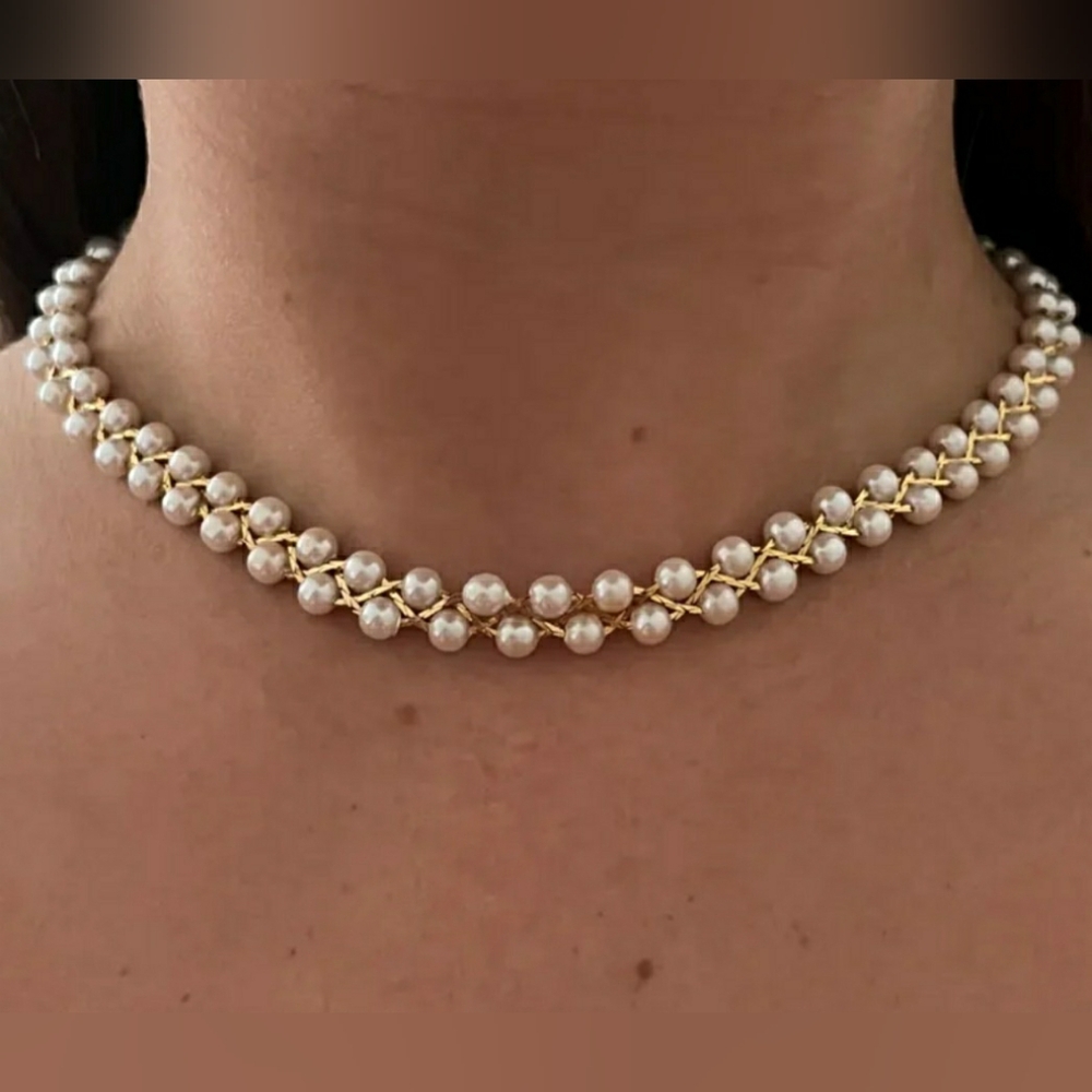 Pierre Cardin Faux Pearl, Braided Gold-plated Vintage Necklace, Approx 16", WOW!